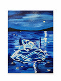 Two Hearts Under Starlight: original painting by Celina Khoury of two souls resting together under moonlight beside deep blue water with floating flowers