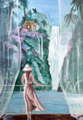 Where the Water Falls: original painting by Celina Khoury of a woman at a misty waterfall above a green ravine