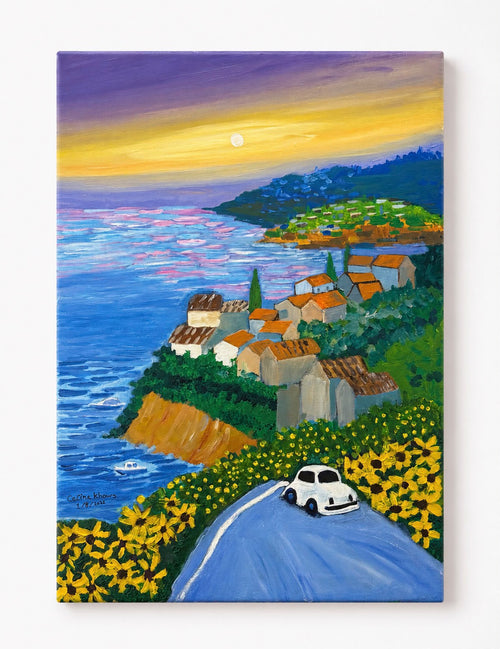 The Sunflower Coast: original painting by Celina Khoury of sunflowers and a terracotta coastal village at golden hour