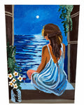 Balcony Moon: original painting by Celina Khoury of a balcony with two glasses of wine under a low full moon over the water
